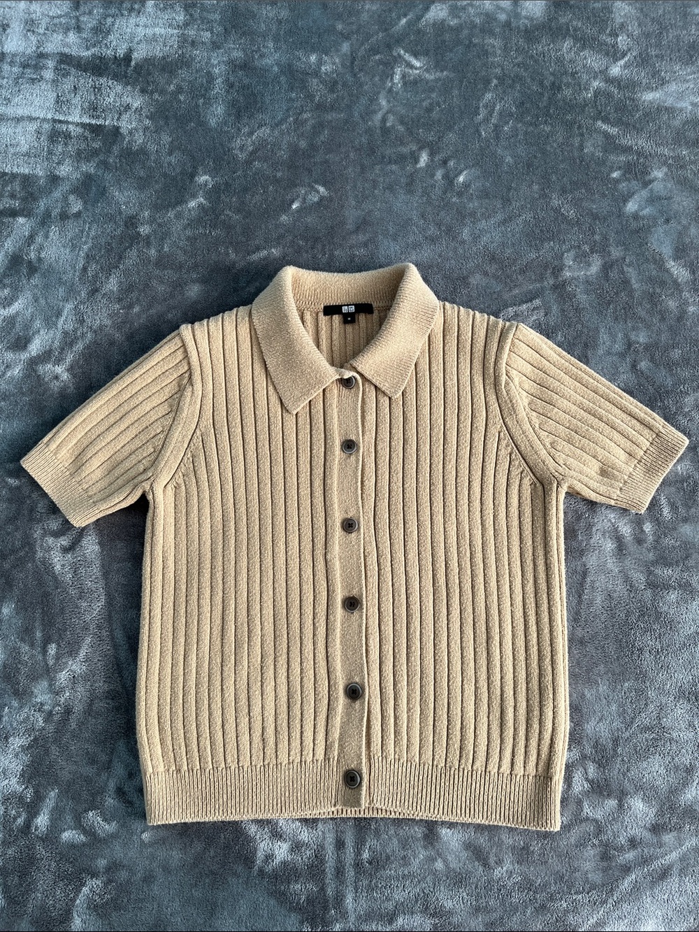 UNIQLO Women’s Short-Sleeve Ribbed Button-Front Shirt - Beige